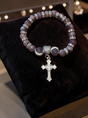 Styleandstone Purple Lepidolite Rhinestone Cross Charm Bracelet